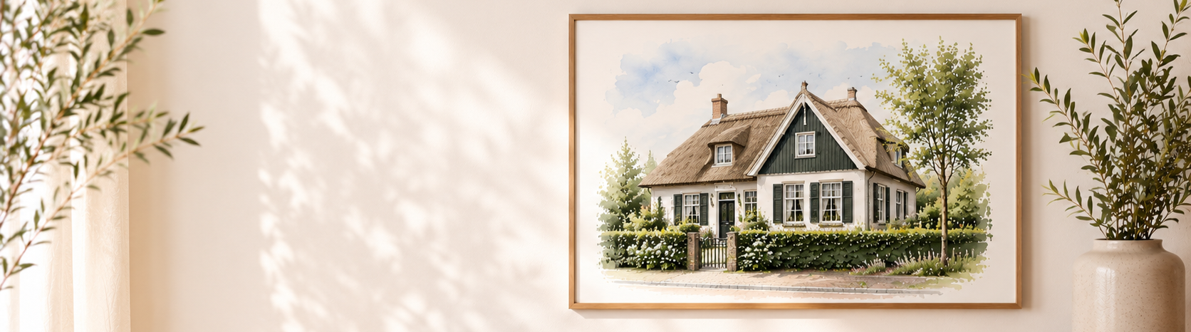 Ingelijst huisportret in waterverf stijl aan de muur, persoonlijk housewarming cadeau