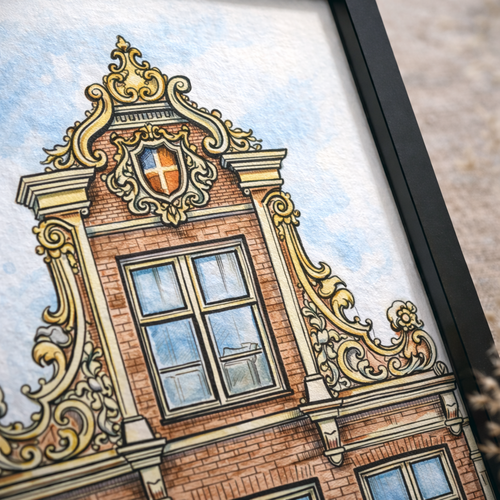 Detail van huisportret in kleur – stijlvolle ingekleurde illustratie