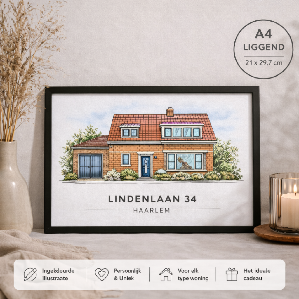 Ingekleurde illustratie van huis – gepersonaliseerd huisportret op maat