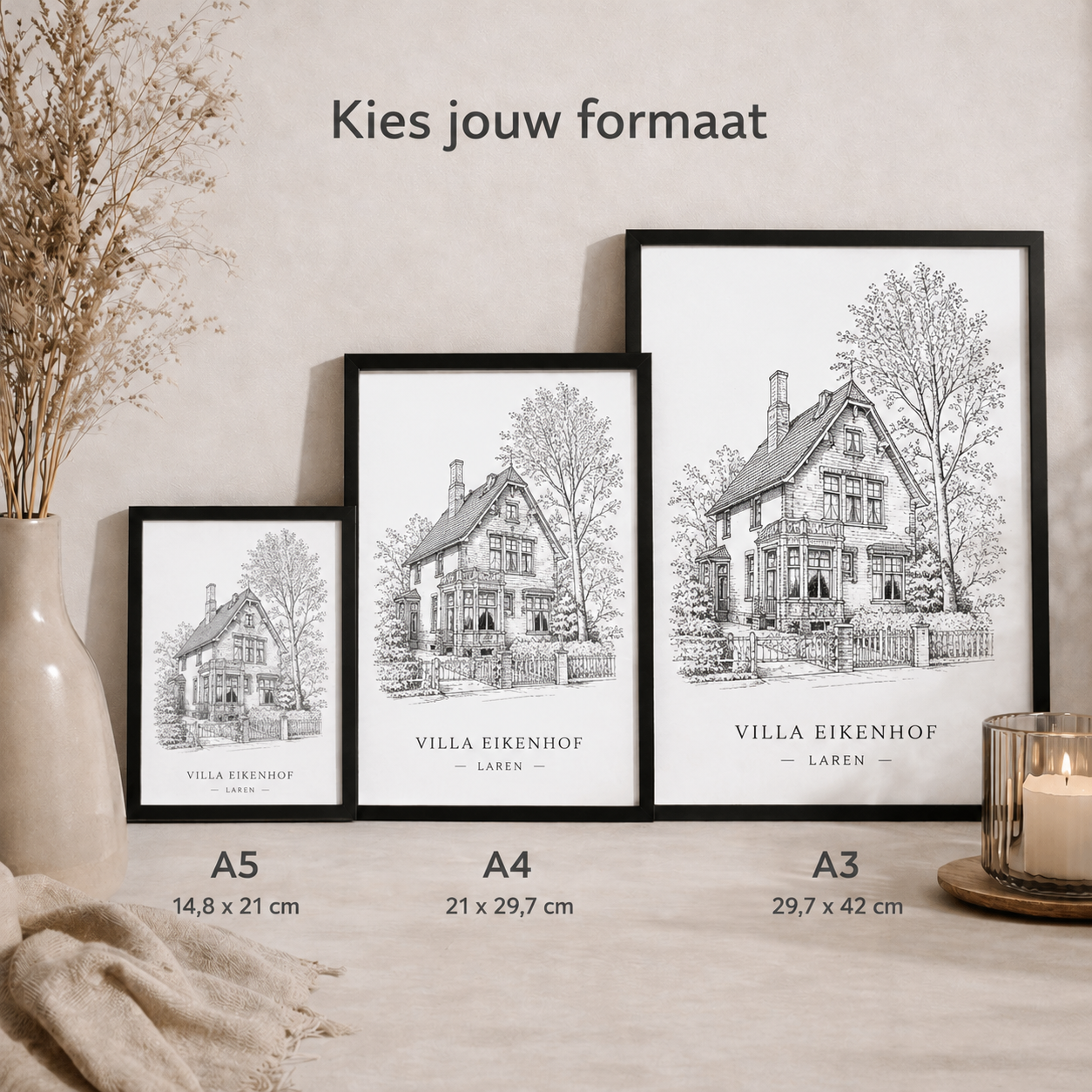 Huisportret als lijntekening verkrijgbaar in A5, A4 en A3 formaat