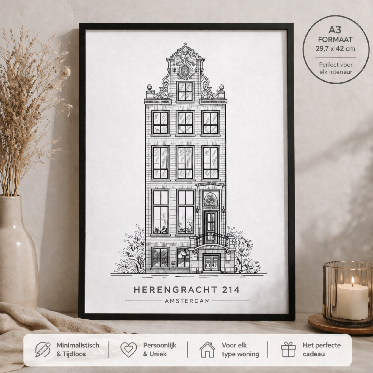 Housewarming cadeau – gepersonaliseerd huisportret als zwart-wit lijntekening met zwarte lijst