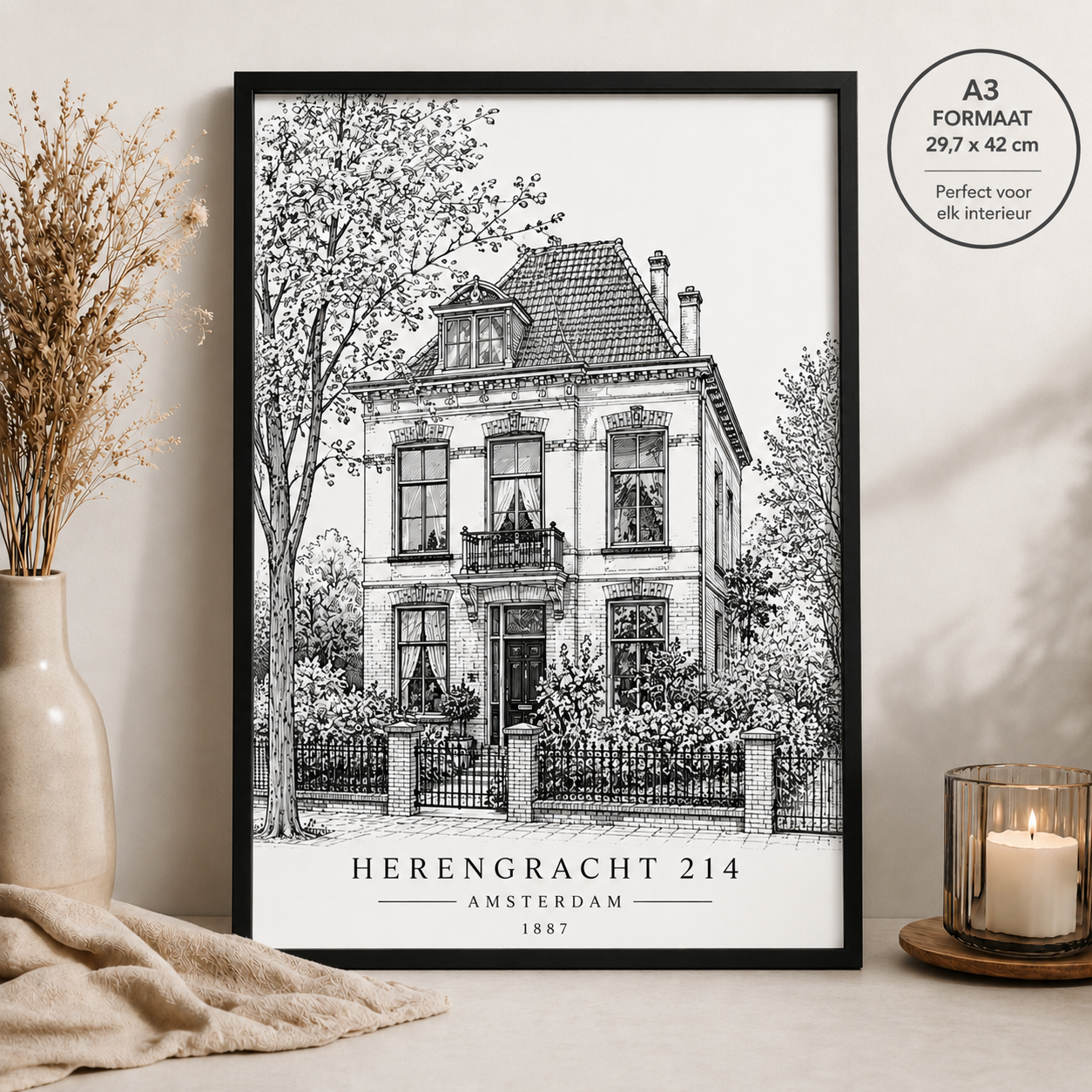 Housewarming cadeau – gepersonaliseerd huisportret als zwart-wit lijntekening met zwarte lijst