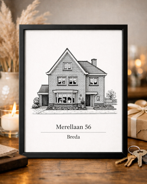 Housewarming cadeau – gepersonaliseerd huisportret als zwart-wit lijntekening met zwarte lijst