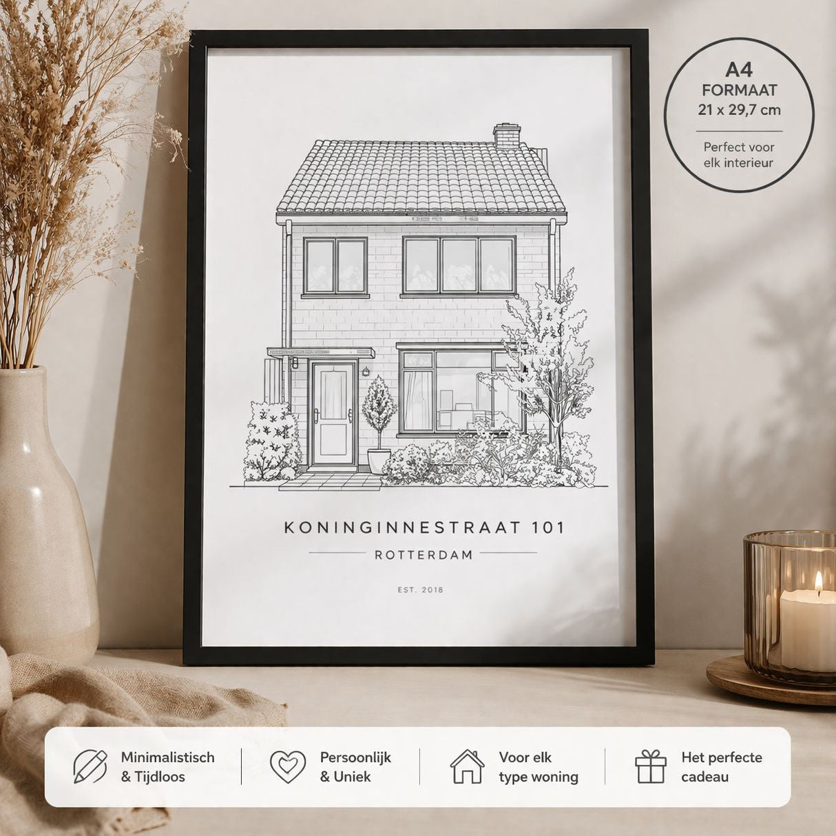 Housewarming cadeau – gepersonaliseerd huisportret als zwart-wit lijntekening met zwarte lijst