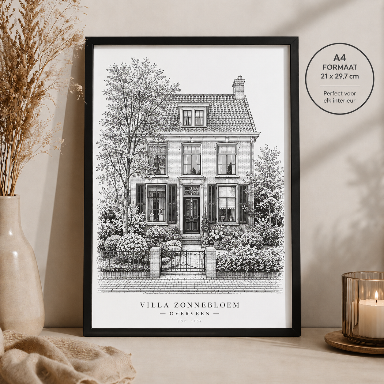 Housewarming cadeau – gepersonaliseerd huisportret als zwart-wit lijntekening met zwarte lijst