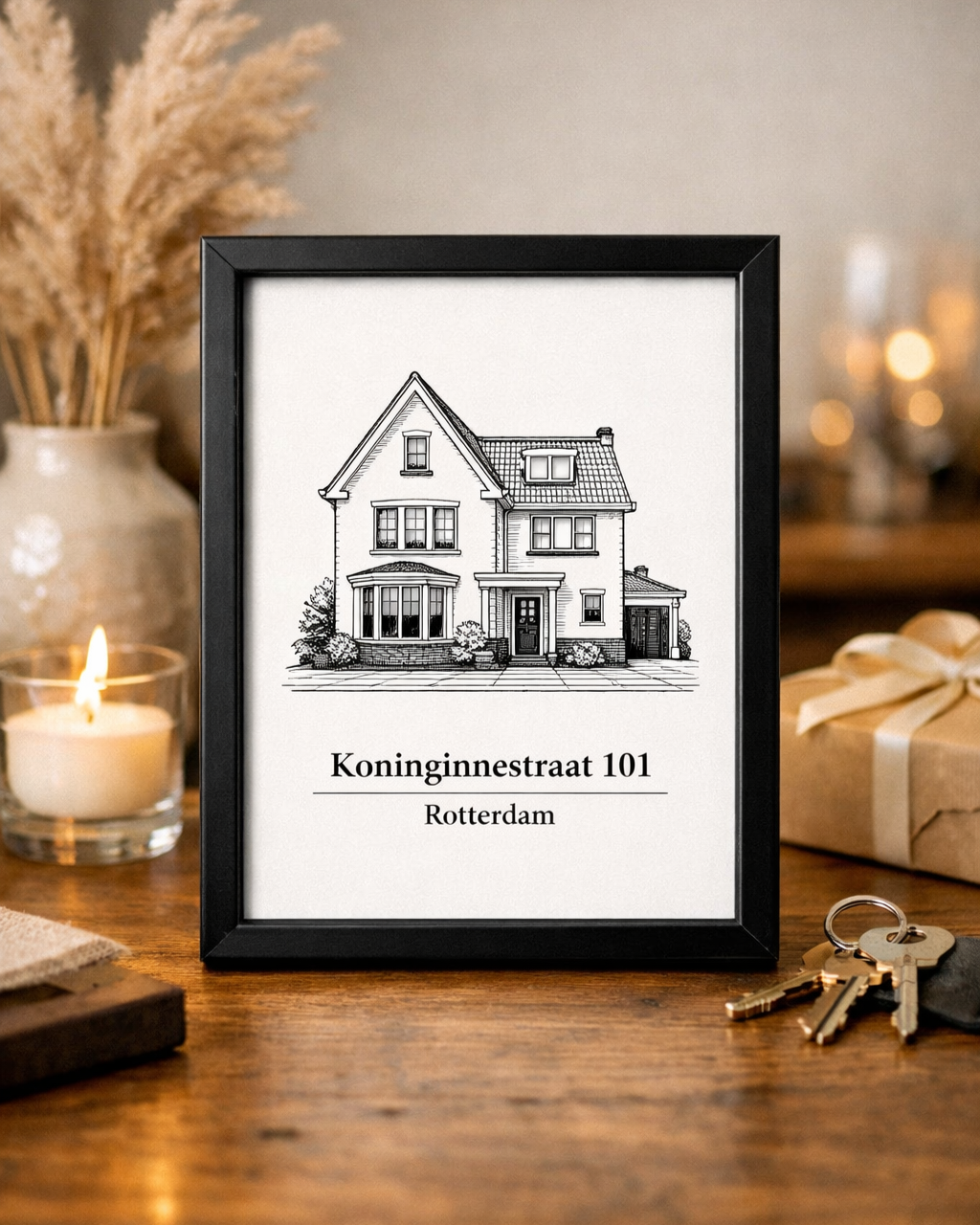 Housewarming cadeau – gepersonaliseerd huisportret als zwart-wit lijntekening met zwarte lijst