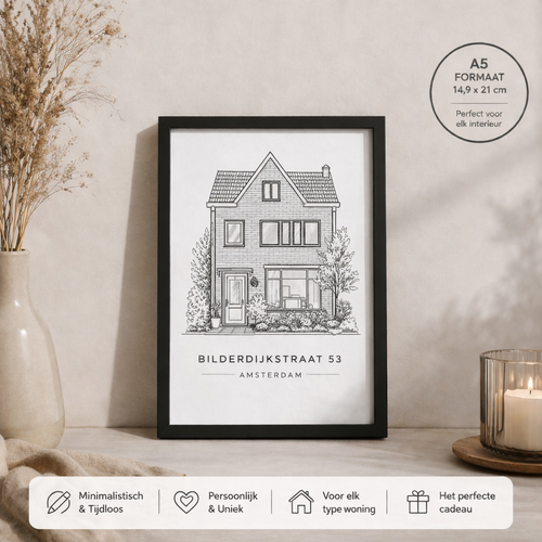 Housewarming cadeau – gepersonaliseerd huisportret als zwart-wit lijntekening met zwarte lijst