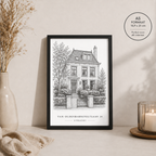 Housewarming cadeau – gepersonaliseerd huisportret als zwart-wit lijntekening met zwarte lijst