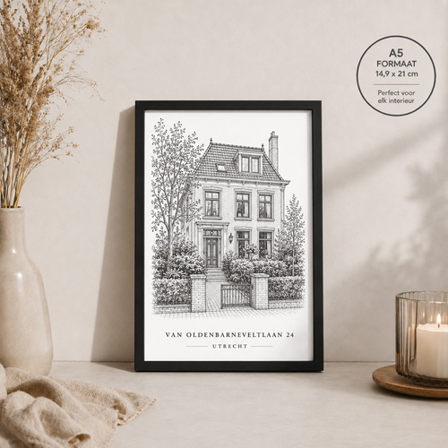 Housewarming cadeau – gepersonaliseerd huisportret als zwart-wit lijntekening met zwarte lijst