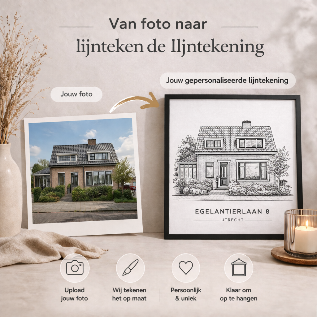 Housewarming cadeau van jou foto naar lijntekening