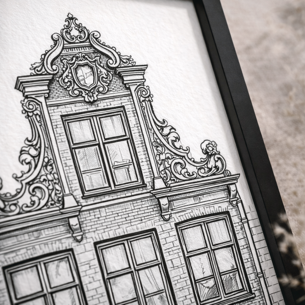 Zwart-wit huisportret – minimalistische lijntekening van een woning