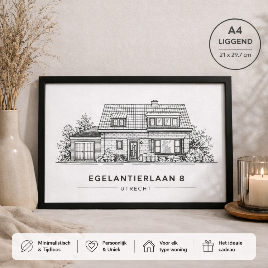 Mijn huisportret lijntekening liggend A3 housewarming cadeau
