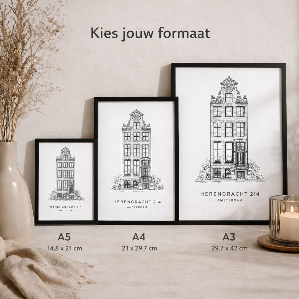 Huisportret als lijntekening verkrijgbaar in A5, A4 en A3 formaat