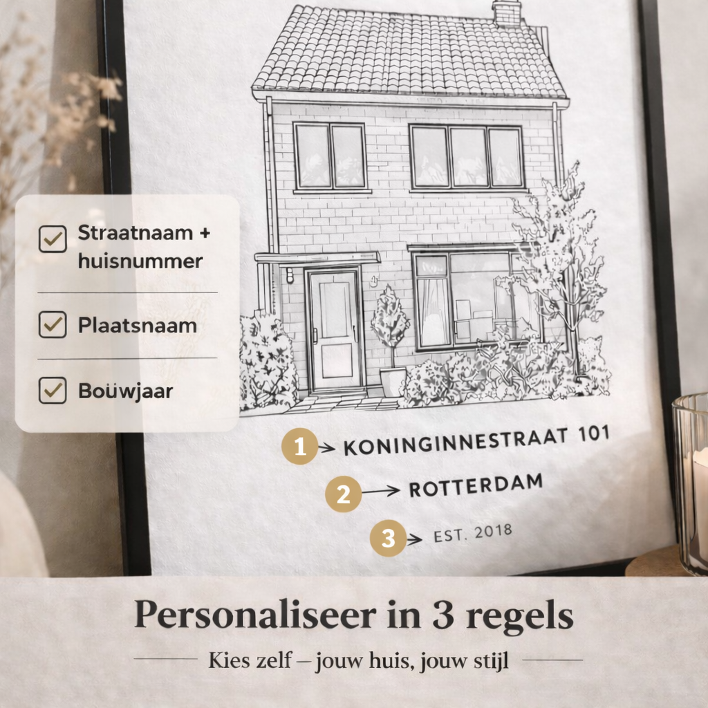 Housewarming cadeau huisportret met tekst