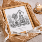 Housewarming cadeau Zwart-wit huisportret – minimalistische lijntekening van een woning