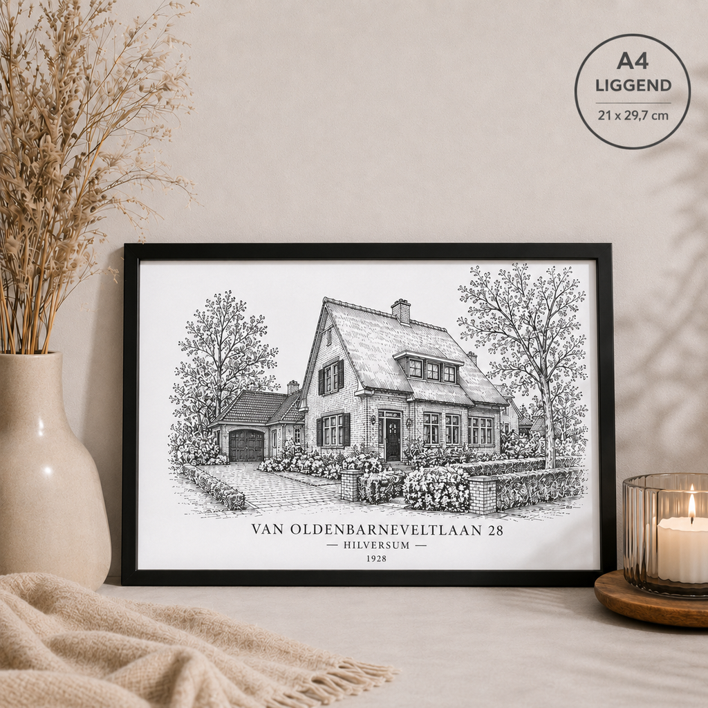 Mijn huisportret lijntekening liggend A34housewarming cadeau
