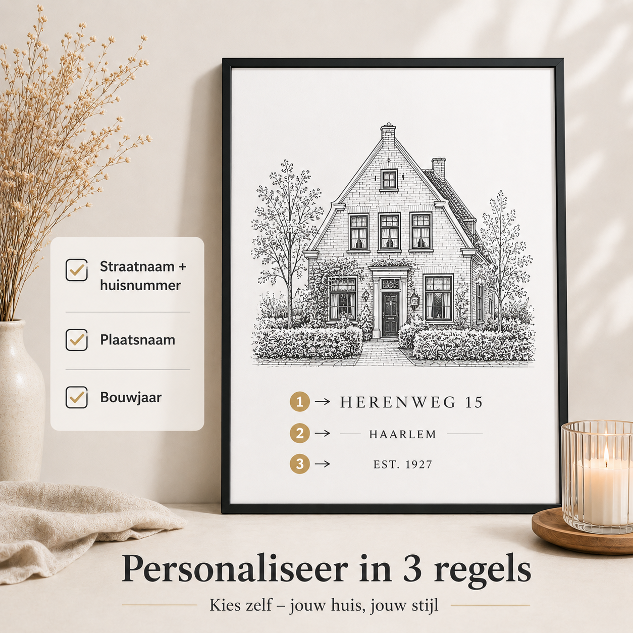 Housewarming cadeau huisportret met tekst
