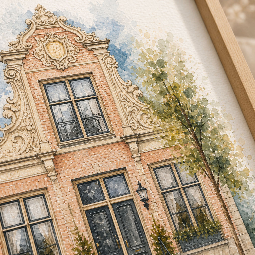 Artistiek huisportret in waterverf stijl met zachte penseelstreken