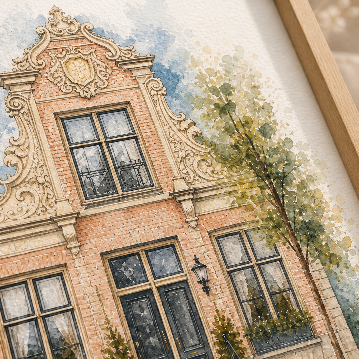 Artistiek huisportret in waterverf stijl met zachte penseelstreken