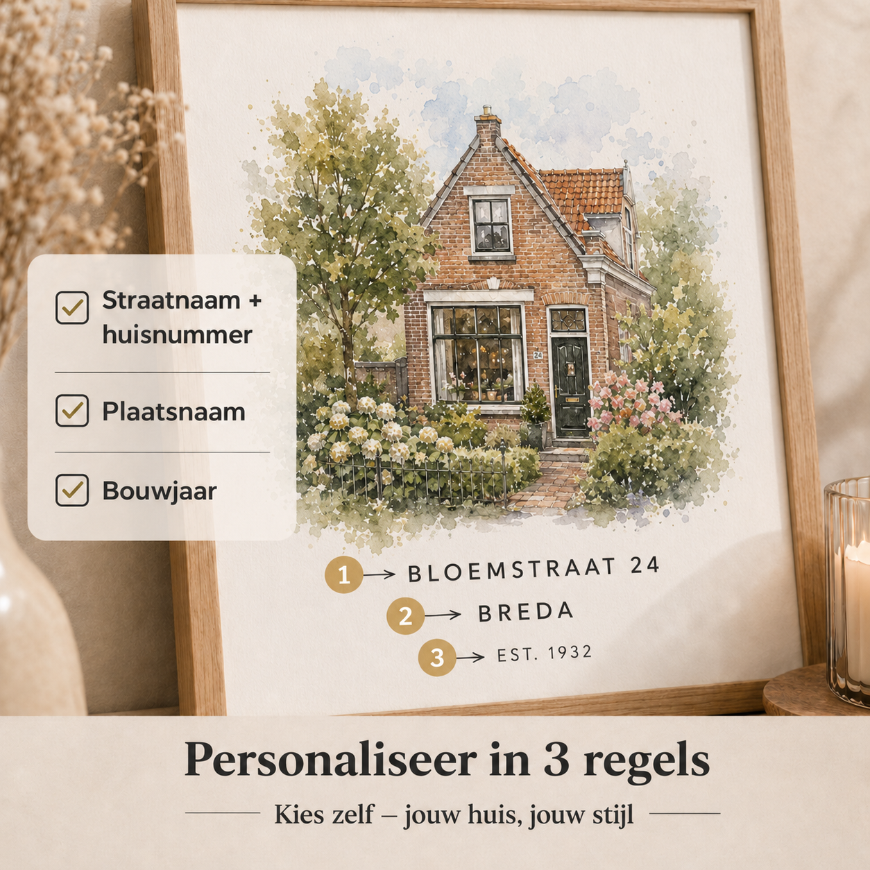 Persoonlijk housewarming cadeau in waterverf – schilderachtig portret van een woning