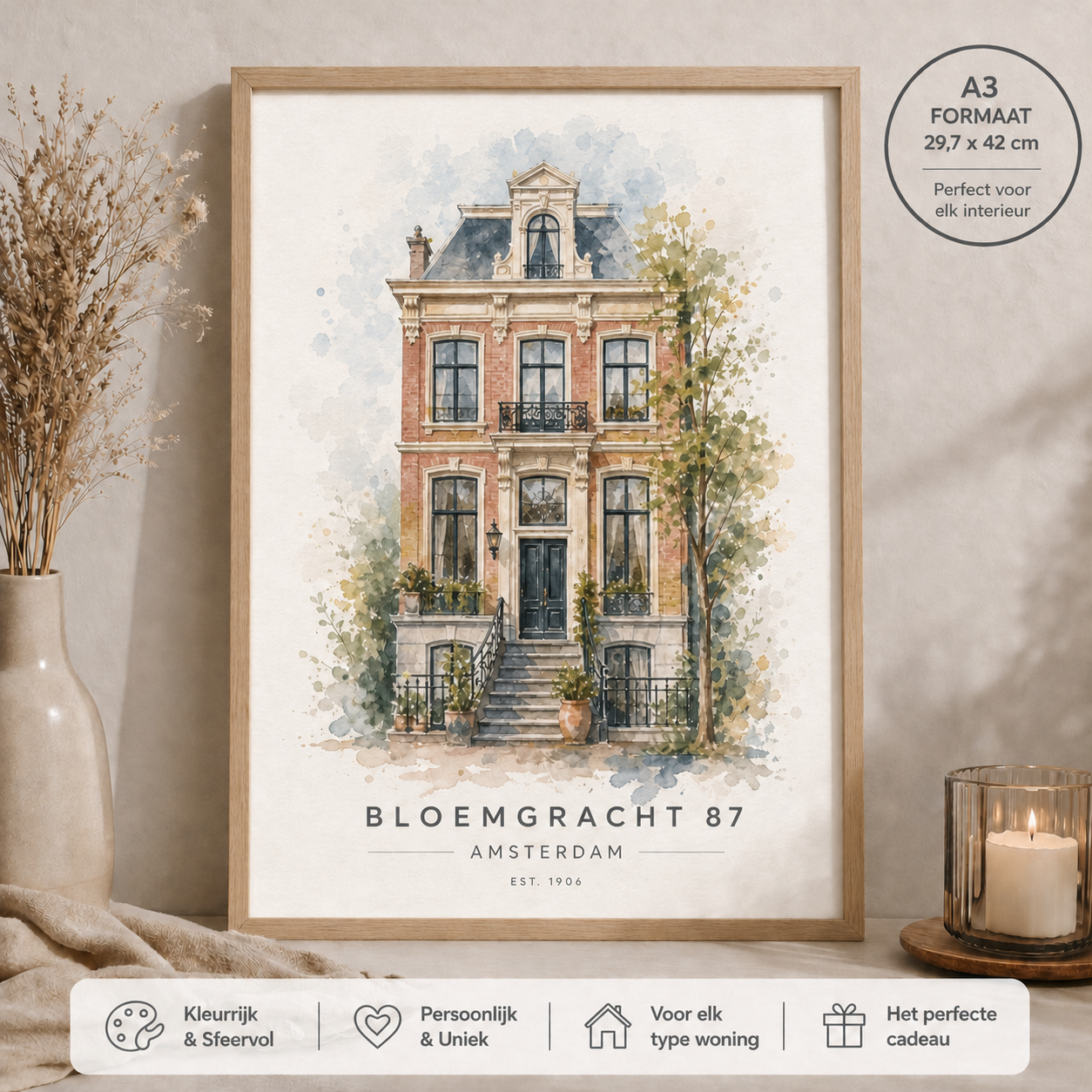 Persoonlijk housewarming cadeau in waterverf – schilderachtig portret van een woning A3