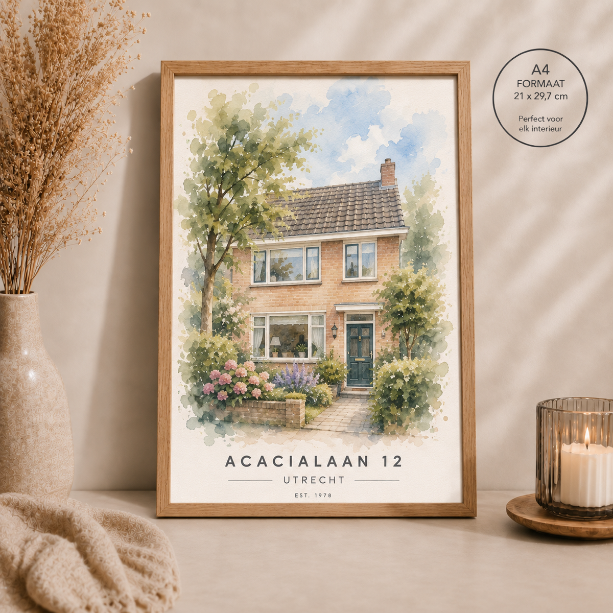 Persoonlijk housewarming cadeau in waterverf – schilderachtig portret van een woning A4