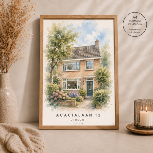 Persoonlijk housewarming cadeau in waterverf – schilderachtig portret van een woning A4