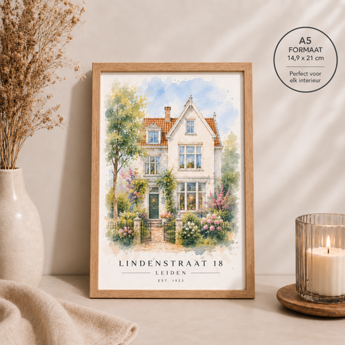 Persoonlijk housewarming cadeau in waterverf – schilderachtig portret van een woning A5
